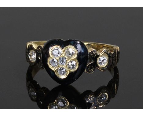 Victorian 15 carat gold diamond and enamel ring, the heart shaped head with enamel edge and central diamonds, the shoulders w