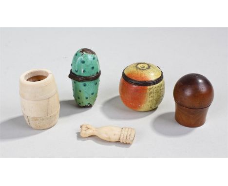 Late 18th Bilston enamel box, modelled as a cucumber, together with another as an apple, also included a 19th Century bone nu
