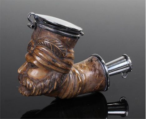 19th Century meerschaum clay pipe, as the head of a bearded man, feathers to his hat, silver plated mounts, 7cm high