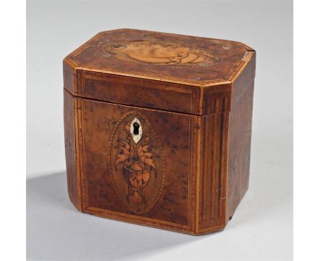 George III yew, boxwood and marquetry inlaid octagonal shaped tea caddy. The hinged cover inlaid with a conch shell, opening 