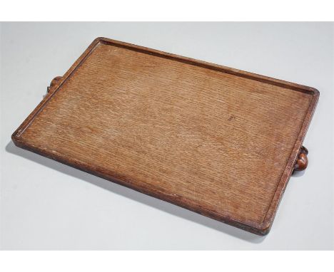 Robert 'Mouseman' Thompson of Kilburn, an Arts & Crafts dark oak tea tray, rectangular form, with two mice forming handles, 5