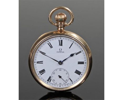 Omega 9 carat gold open face pocket watch, the signed white enamel dial with Roman hours and subsidiary seconds dial, crown w