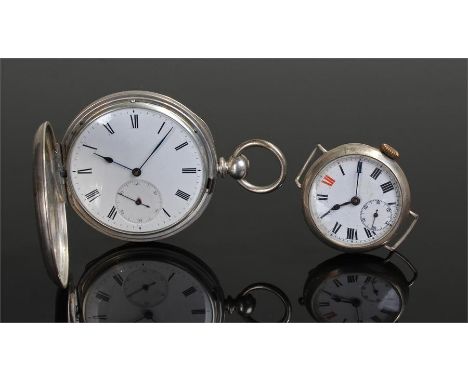 Silver trench watch, with a white enamel dial, black Roman hours, manual wound, together with a white metal hunter pocket wat