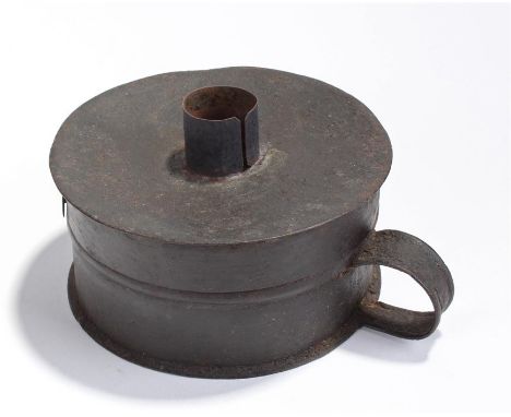 Late 18th / early 19th Century tin tinder box. The integral candlestick complete with strike, birch and tinder flint, 14.5cm 