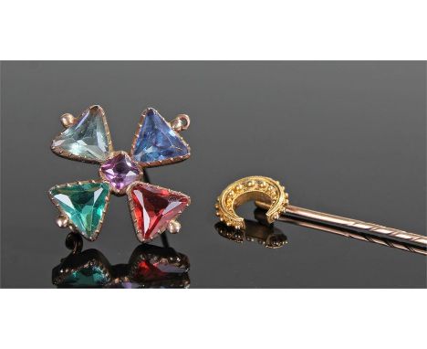 19th Century Maltese cross brooch, set with multi coloured stones, together with a stick pin, (2)