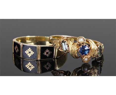 Two rings, the first an enamel and 15 carat gold example, together with a multi stone swag ring, (2)