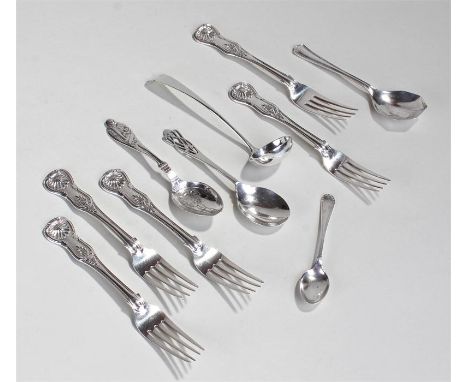 Set of five Victorian silver Kings pattern forks, London 1843, maker Joseph II & Albert Savory, together with four silver spo