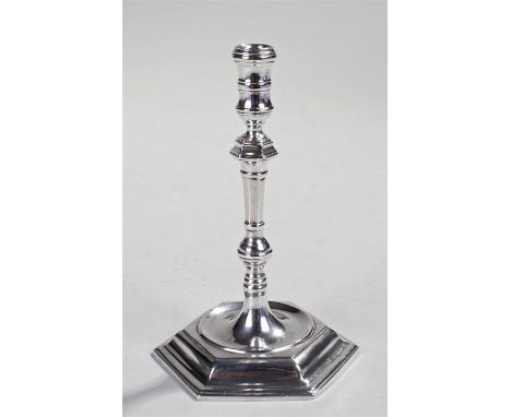 Edward VII silver taper stick, London 1910, maker Thomas Bradbury and Sons, the taper stick with a shaped column and wide ste