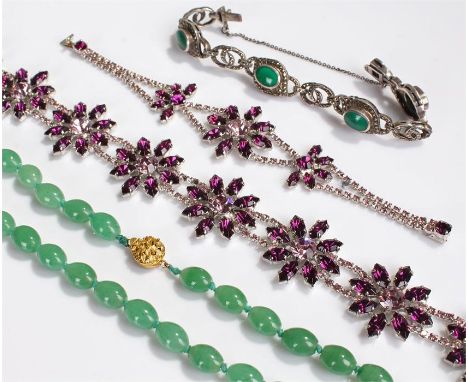 Chinese jade necklace, with yellow metal clasp, ovoid beads, together with a silver and green stone bracelet and a costume ne