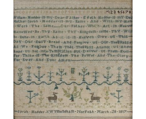 Norfolk interest, George III sampler the Lords prayer above trees and animals, the base with the text 'Sarah Hodder, Wymondha
