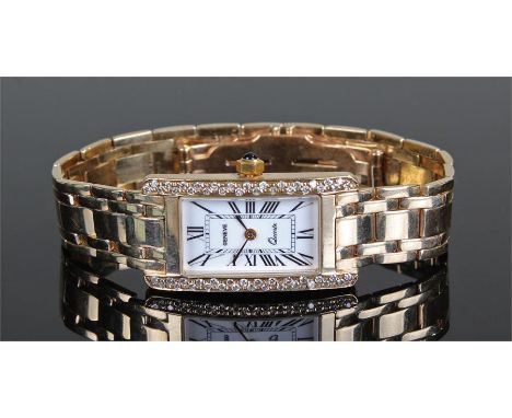 Geneve 9 carat gold diamond set ladies wristwatch, the white enamel dial with Roman hours two bands of diamonds to the case e