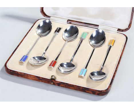 Set of six George V silver and enamel coffee spoons, Birmingham 1933, maker Turner & Simpson, the six spoons with a different