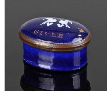 18th Century Bilston enamel patch box, a pair of doves above hearts and the text 'Remember the Giver', 45mm wide