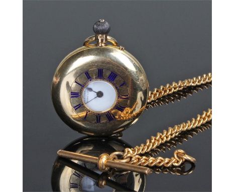 Kleyser & Co 18 carat half hunter pocket watch.,The case with a blue enamel dial, monogrammed case back, the internal signed 
