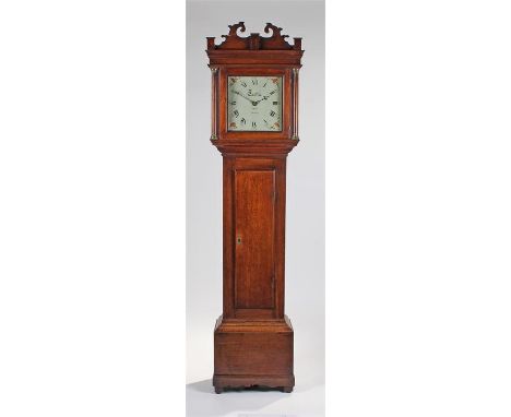 Jarvis Watton oak cased longcase clock, the white painted signed dial with painted foliate spandrels, the hood with a swan ne