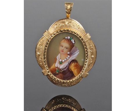 20th Century portrait miniature pendant, the central image of a female in 18th Century dress highlighted with white and green