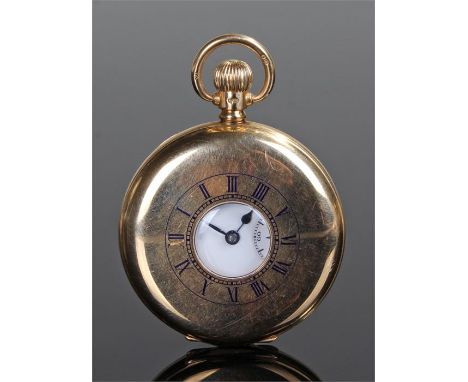Omega 18 carat gold half hunter pocket watch. The outer blue enamel dial enclosing a signed white enamel dial with Roman hour