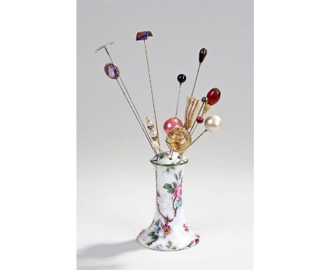 Collection of hat pins with various hat pins to include glass orb, white metal, enamel, costume, etc, all housed within a hat