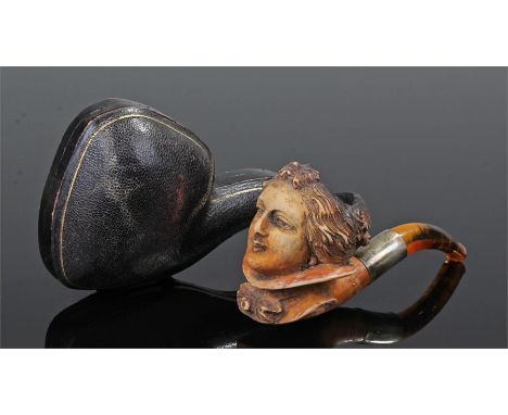 Victorian cased meerschaum pipe, carved as a lady with amber end, cased