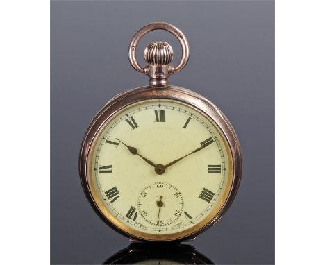9 carat gold open face pocket watch. The white enamel dial with black Roman hours, subsidiary seconds dial, crown wound, case
