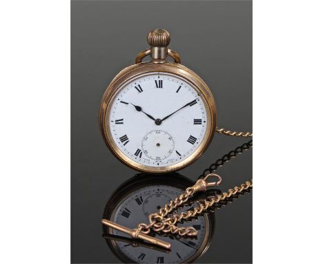 Gold plated open face pocket watch. The white enamel dial with Roman hours, subsidiary seconds dial, together with a 9 carat 