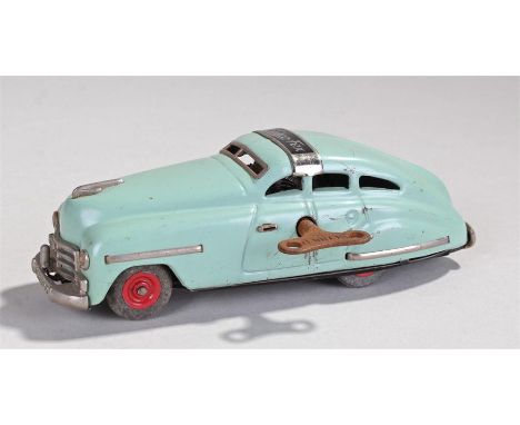 Schuco Fex 1111 car tinplate toy, turquoise-blue with red hubs, clockwork mechanism with key, 14cm long