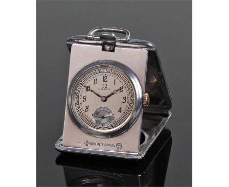 Omega purse / travelling silver cased watch, the signed silvered dial with Arabic hours, subsidiary seconds dial, manual woun