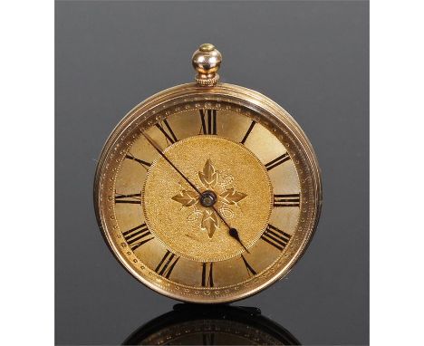 14 carat gold openface pocket watch. The gilt dial with Roman hours, engine turned case back, 37mm diameter