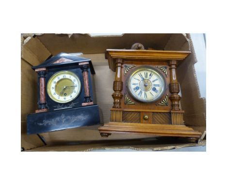 One Edwardian Oak mantle clock together with a slate victorian Mantle Clock 