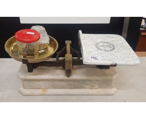 Late 19th century brass, iron and marble Parnall advertising cheese Scales including weights 