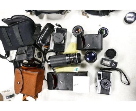 A collection of vintage camera equipment to include Olympus Trip 35, Minolta Autopak 700, Bayonnet fit Tamron Sp 70-210 lens,