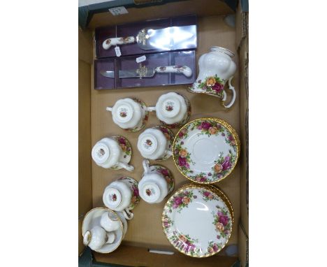 A collection of Royal Albert Old Country Roses to include cups, saicers, cake knife and fork, etc (1 Tray) 