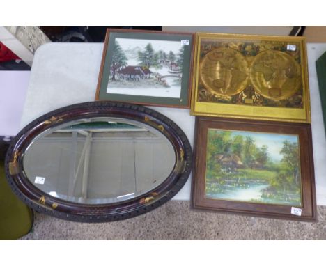 Wall Hanging Oval Chinese Mirror together with 3 framed prints of Chinese Artwork 