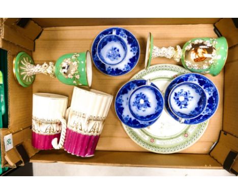 A mixed collection of items to include Flow Blue Cups &amp; Saucers, 19th Century Goblets decorated with dogs, etc 