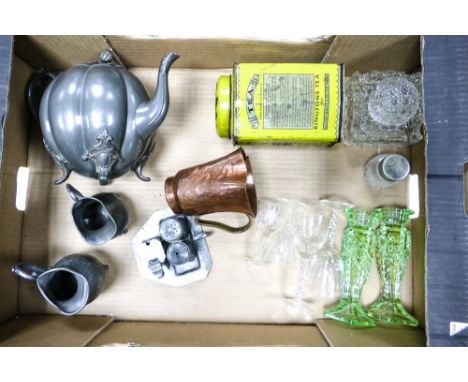 A Mixed Collection of items to include Pewter teaware, Ringtons tin tea caddy, Hammered Copper Jug with Brass Handle, Crystal