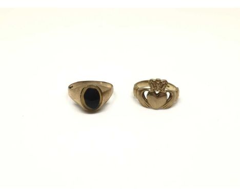 9ct gold signet ring with oval polished stone panel, size N and 9ct gold Claddagh ring, size K½Total weight 4.5 grams