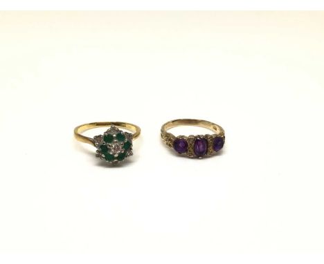 9ct gold emerald and diamond cluster ring, size O and 9ct gold amethyst and diamond ring (London 1978), size N (2)Total weigh