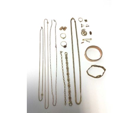 Group of 9ct gold jewellery, including a curb link chain, two other chains, a watch, a bracelet, pair of cufflinks, gem set r