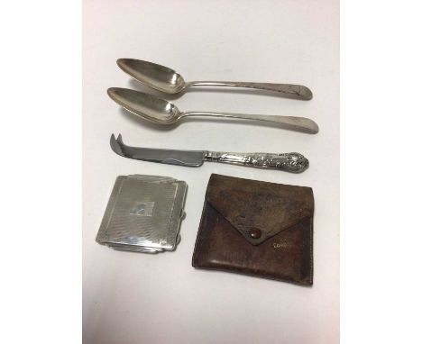 Silver compact together with a pair of Georgian silver table spoons and a silver handled cheese knife.