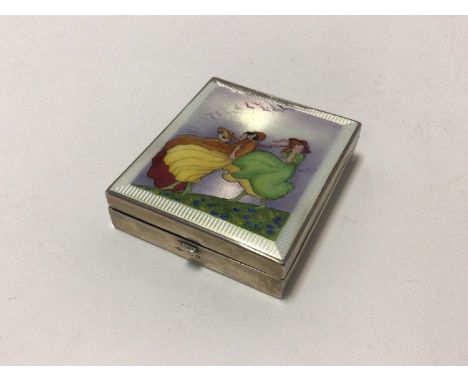 Silver Art Deco travelling/desk clock, the top enamelled with a scene of three windswept women, with white guilloche surround