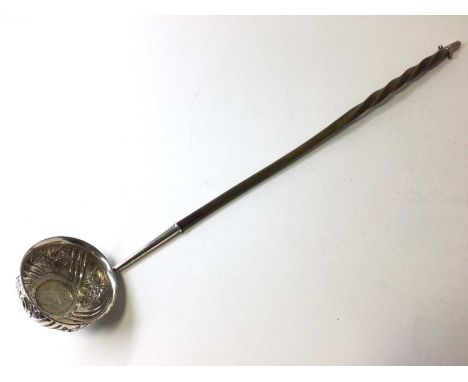 Georgian silver punch ladle with George II coin and whalebone handle, 39cm long
