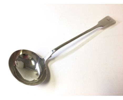 Victorian silver fiddle pattern soup ladle, engraved crest, London 1839 (Mary Chawner), 34cm long, 8.1oz