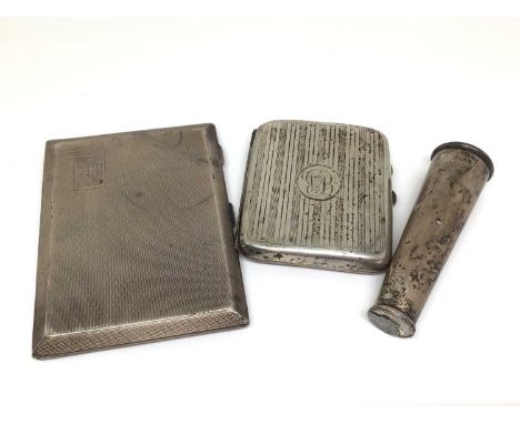 George V silver cigarette case with engine turned decoration, another silver cigarette case and a further silver item, 8.5oz