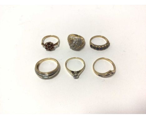 Six 9ct gold and gem-set dress rings to include a diamond single stone ring, total weight 15.4g