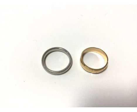 Palladium wedding ring, size Q, 4.9g, and a yellow metal wedding ring, size P, 5.6g