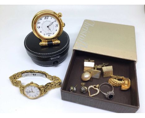 Longines gold plated stainless steel wristwatch, Mont Blanc travel clock in leather case, gold plated cufflinks and other jew