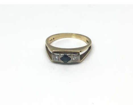 18ct gold sapphire and diamond three stone ring with open split shoulders, size NShank stamped 18ct. Weight 4 grams