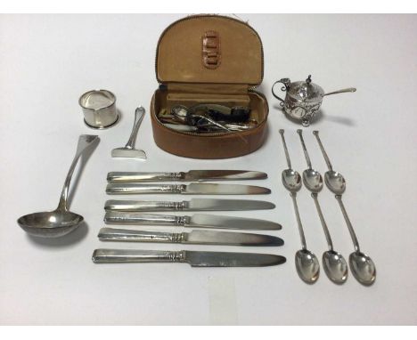 Group of silver, including six seal top teaspoons, a Victorian ladle, mustard on bun feet, six silver handled knives and a pu