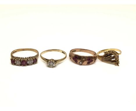 Three 9ct gold gem set rings and one other gold ring (4)Three 9ct rings weigh 4.6 gramsOther ring has hallmarks worn off and 