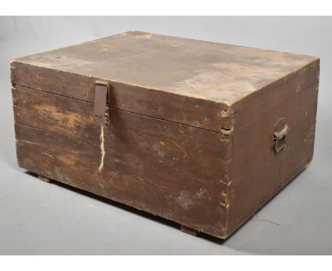 A Vintage Lift Top Wooden Traveling Trunk with Iron Carrying Handles, 76cm Wide 